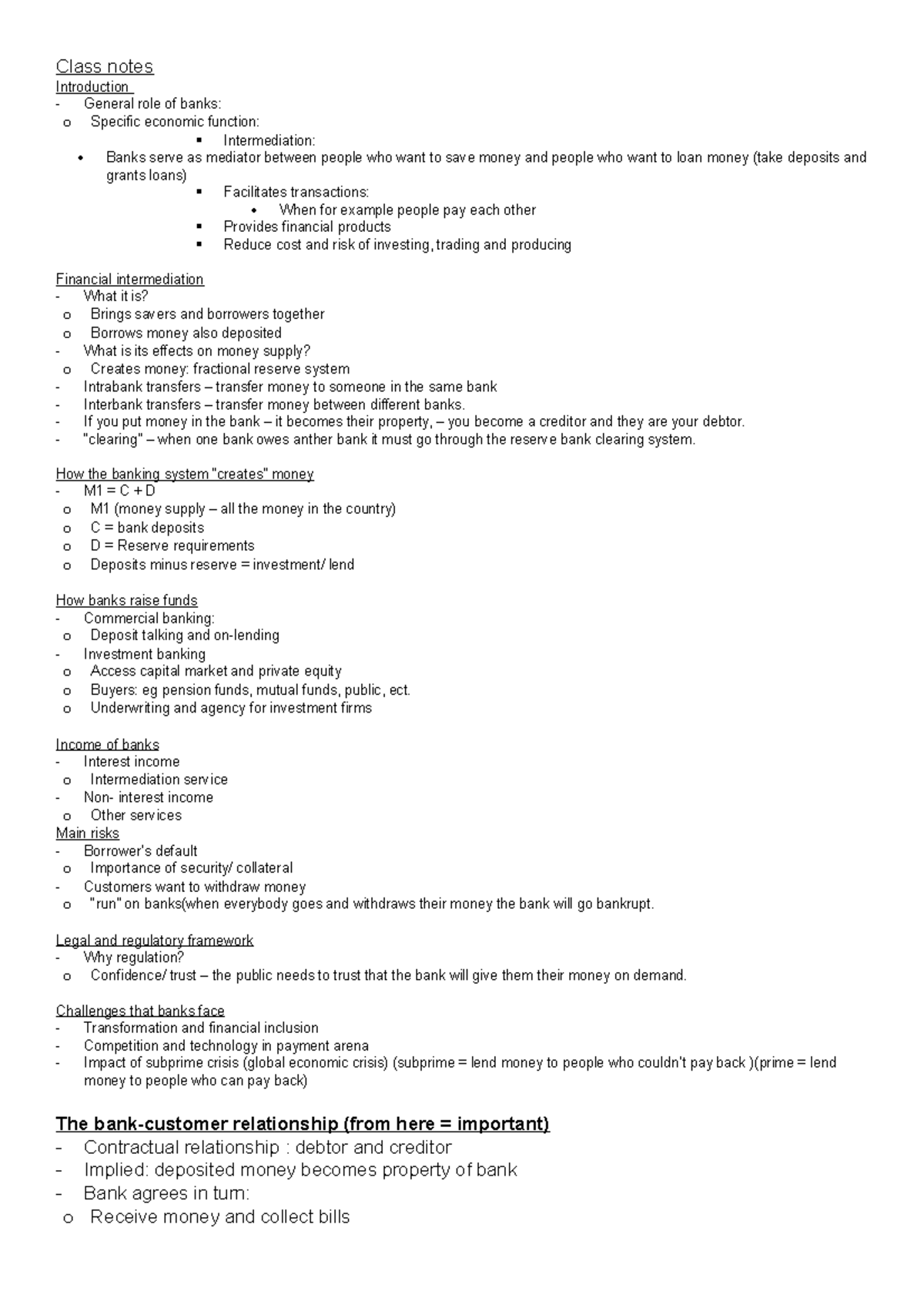 Class notes - english - Class notes Introduction General role of banks ...
