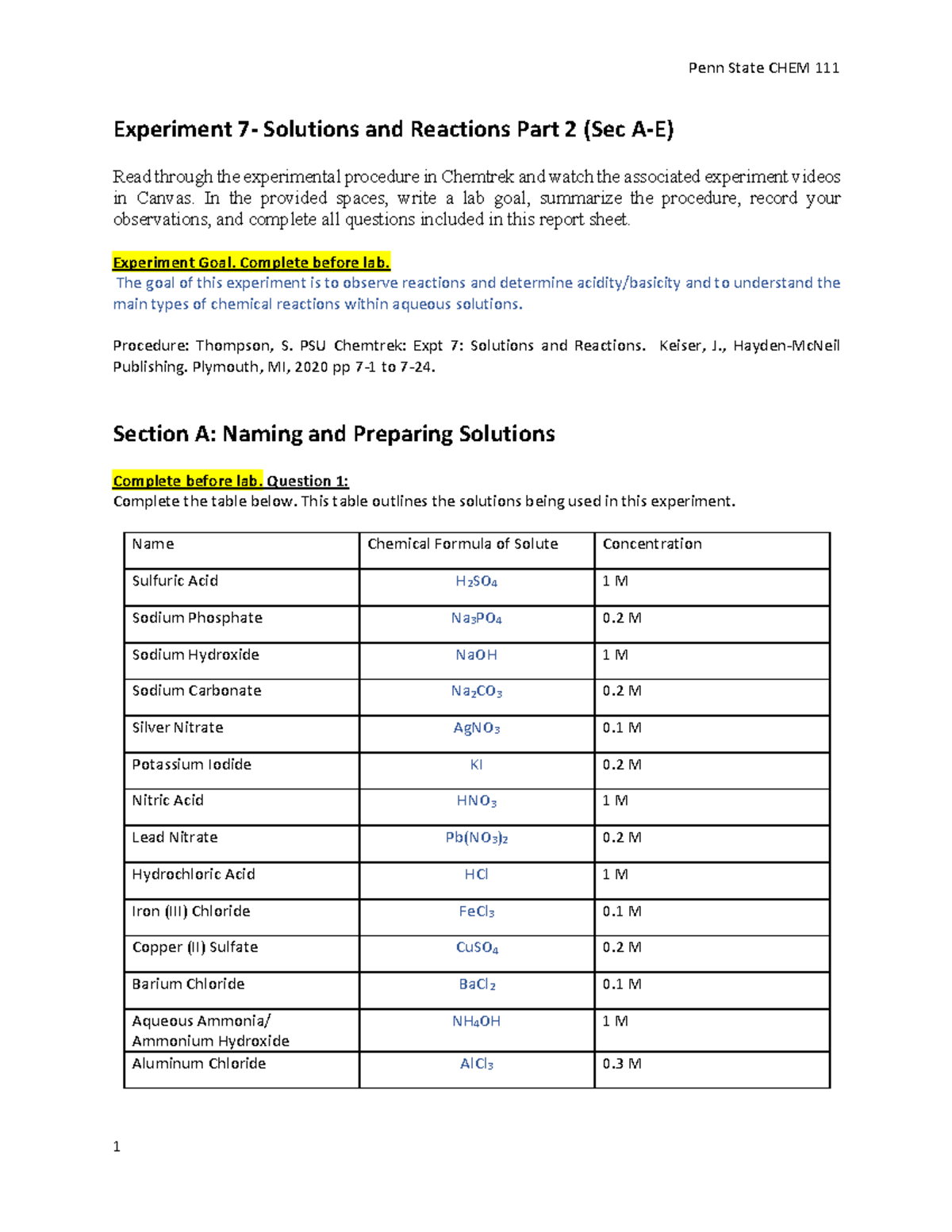 Experiment 7.2 Prelab CHEM111 - Experiment 7- Solutions And Reactions ...