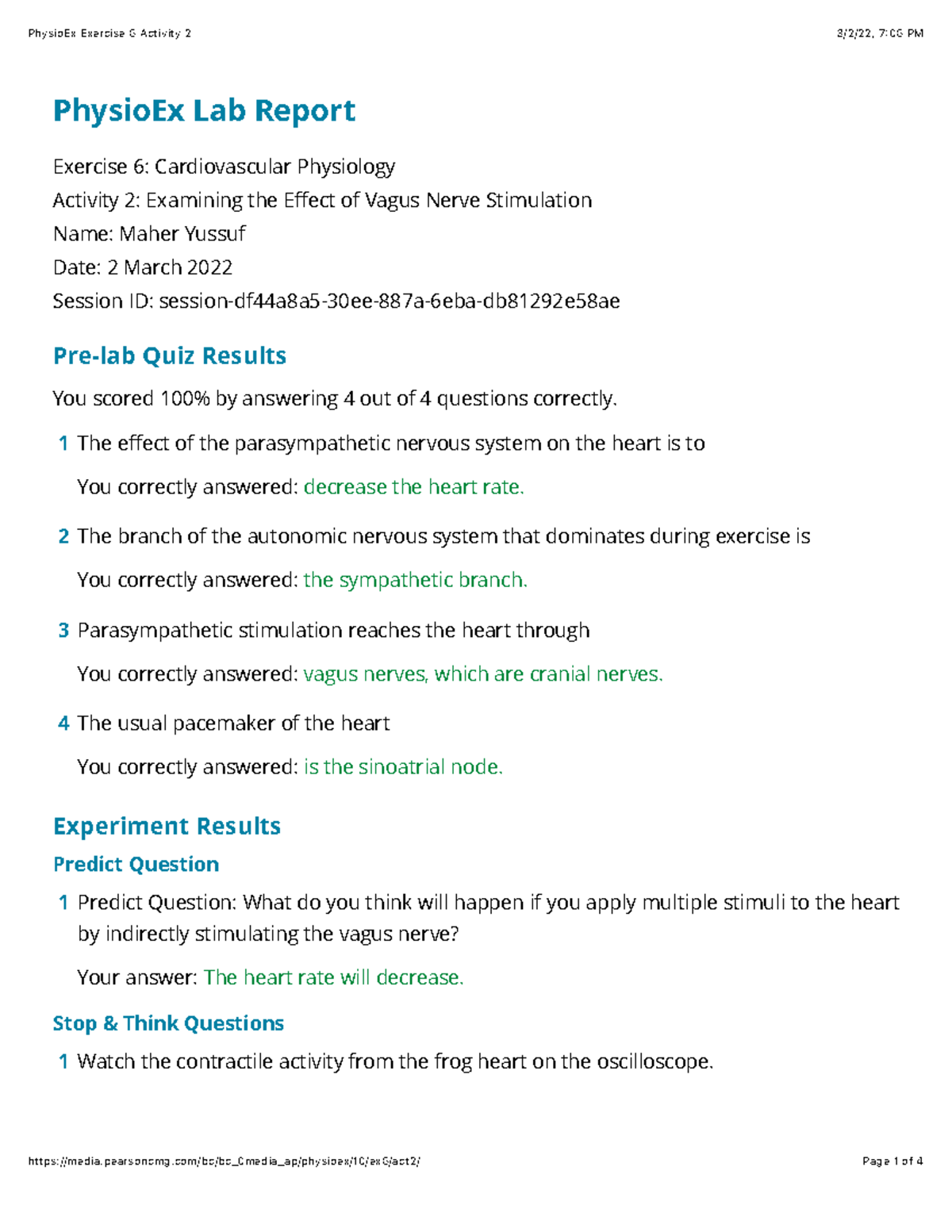 Physio Exercise 6 Activity 2 PhysioEx Lab Report Exercise 6