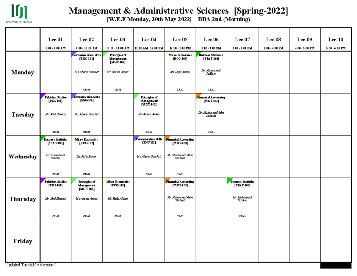 Final Timetable MAS w.e.f 30th May, 2022 - Micro Economics [ECO-102] Ms ...