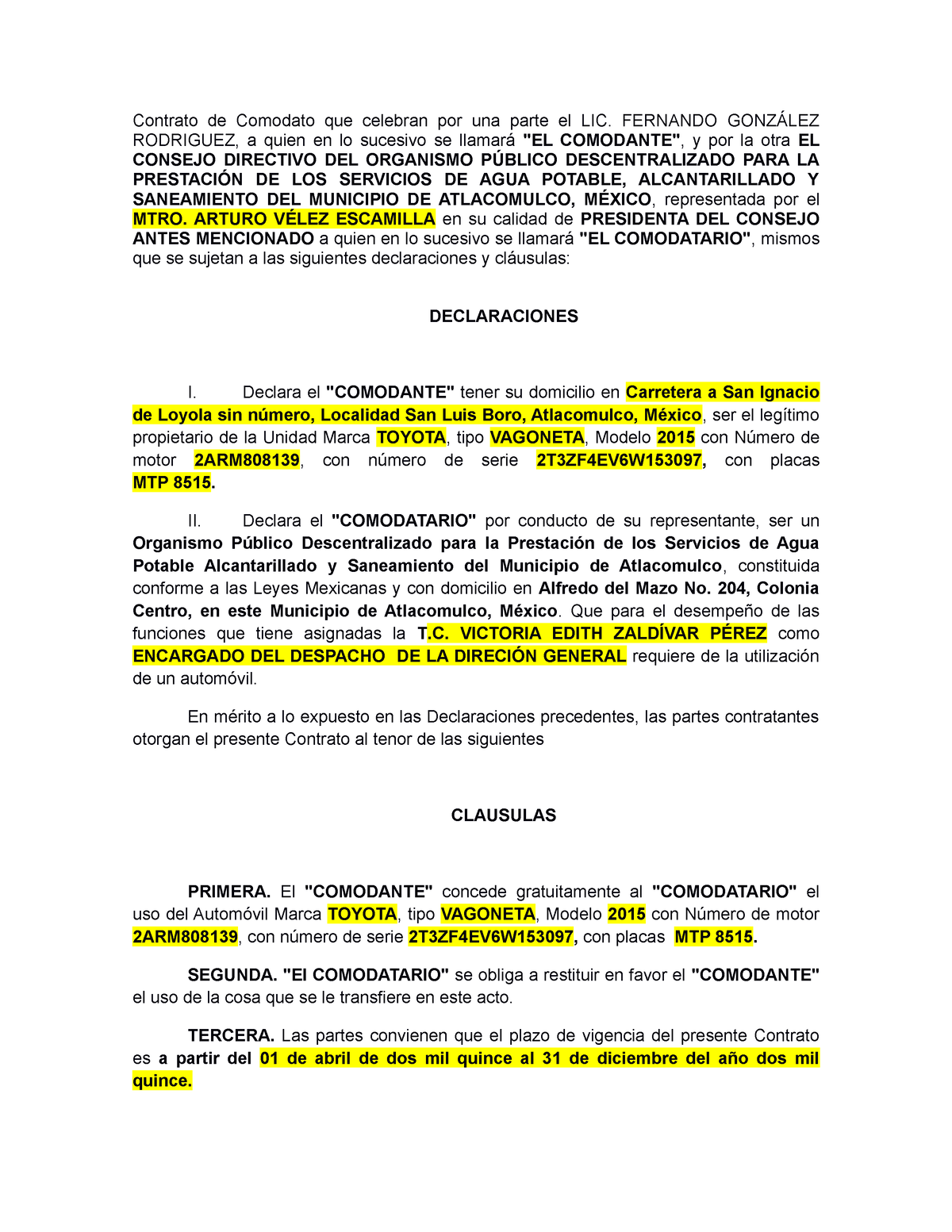 Contrato de Comodato Autos Odapasa - Contrato de Comodato que celebran ...