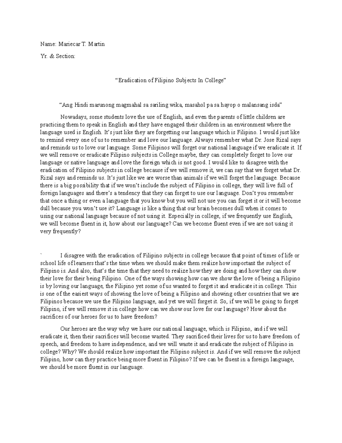 Position Paper - for reference - Name: Mariecar T. Martin Yr. & Section ...