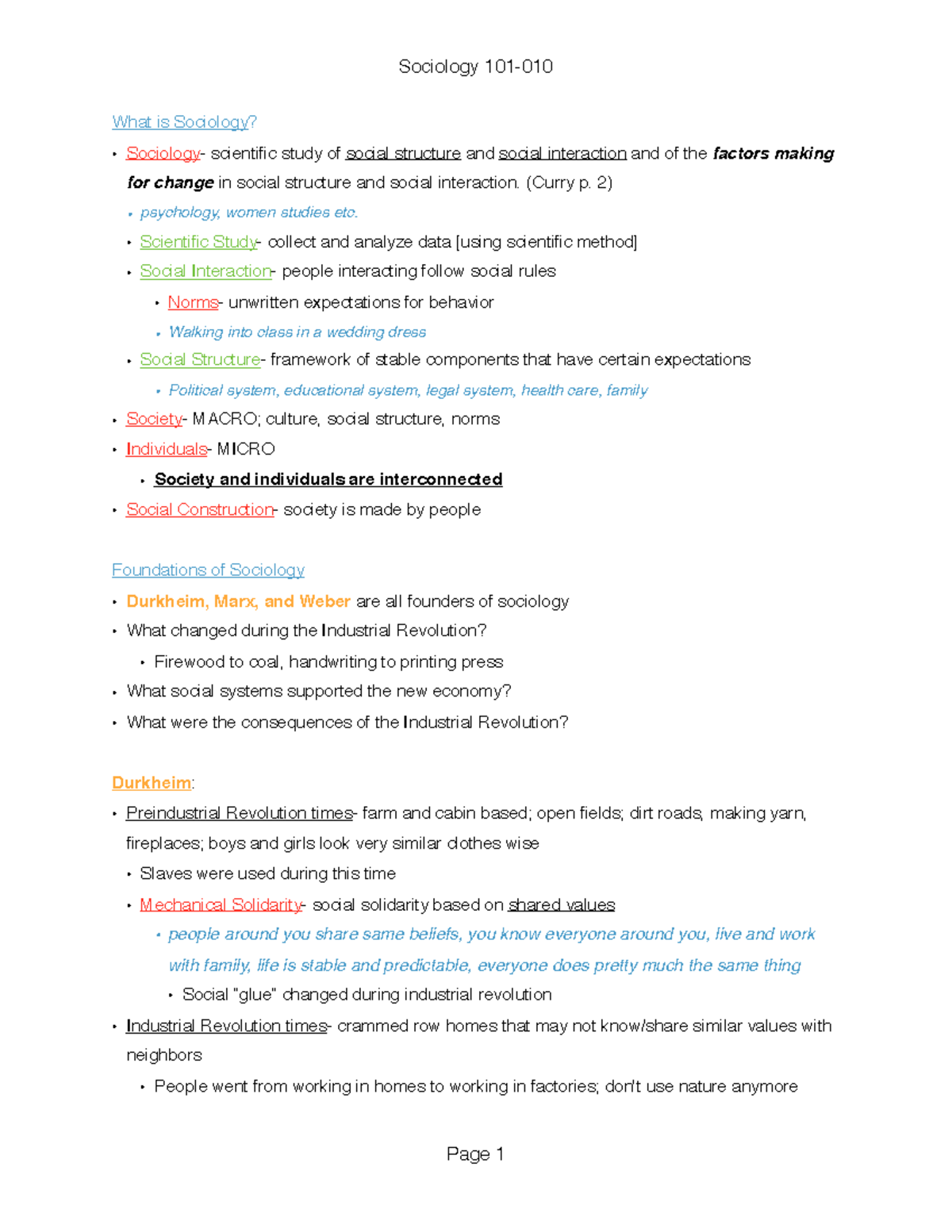 Sociology 101-010 Notes - Sociology 101-010 What is Sociology ...