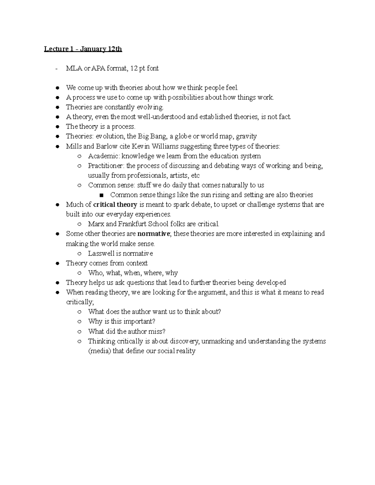 Theories of the Media - CMN 2160 - Lecture 1 - January 12th MLA or APA ...