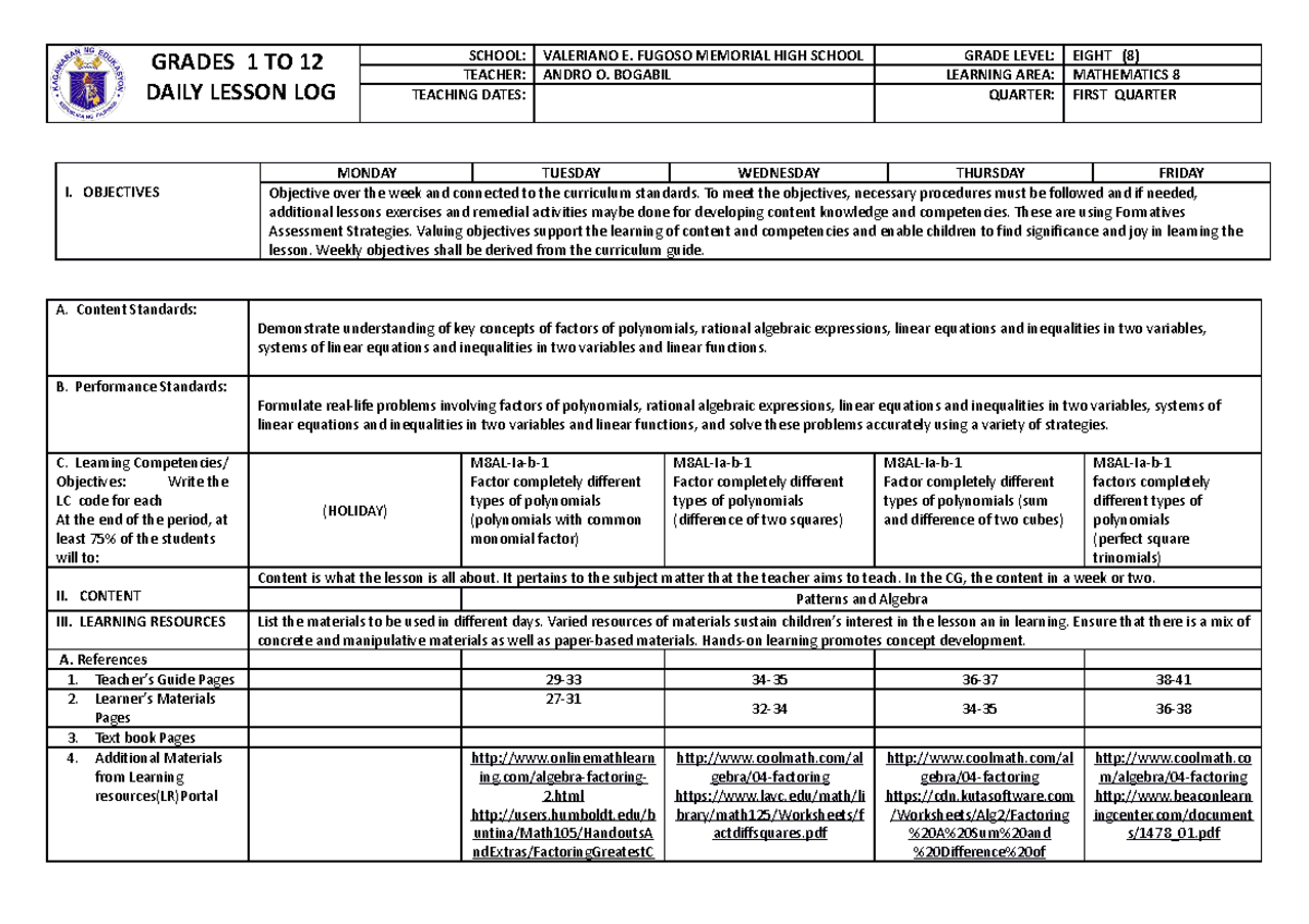 351769826 MATH 8 DLL Q1 june13 16 - GRADES 1 TO 12 DAILY LESSON LOG ...