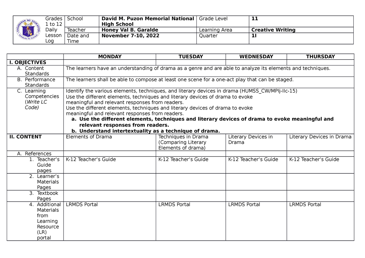 WEEK 1 - Notes - Grades 1 To 12 Daily Lesson Log School David M. Puzon ...