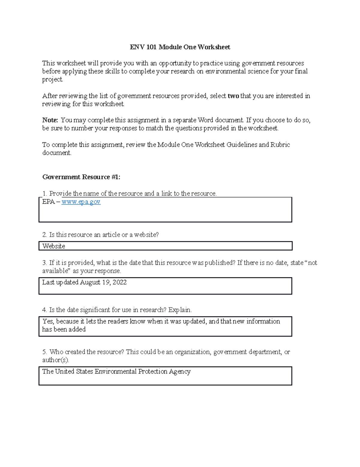 ENV 101 Module One Worksheet - ENV 101 Module One Worksheet This ...