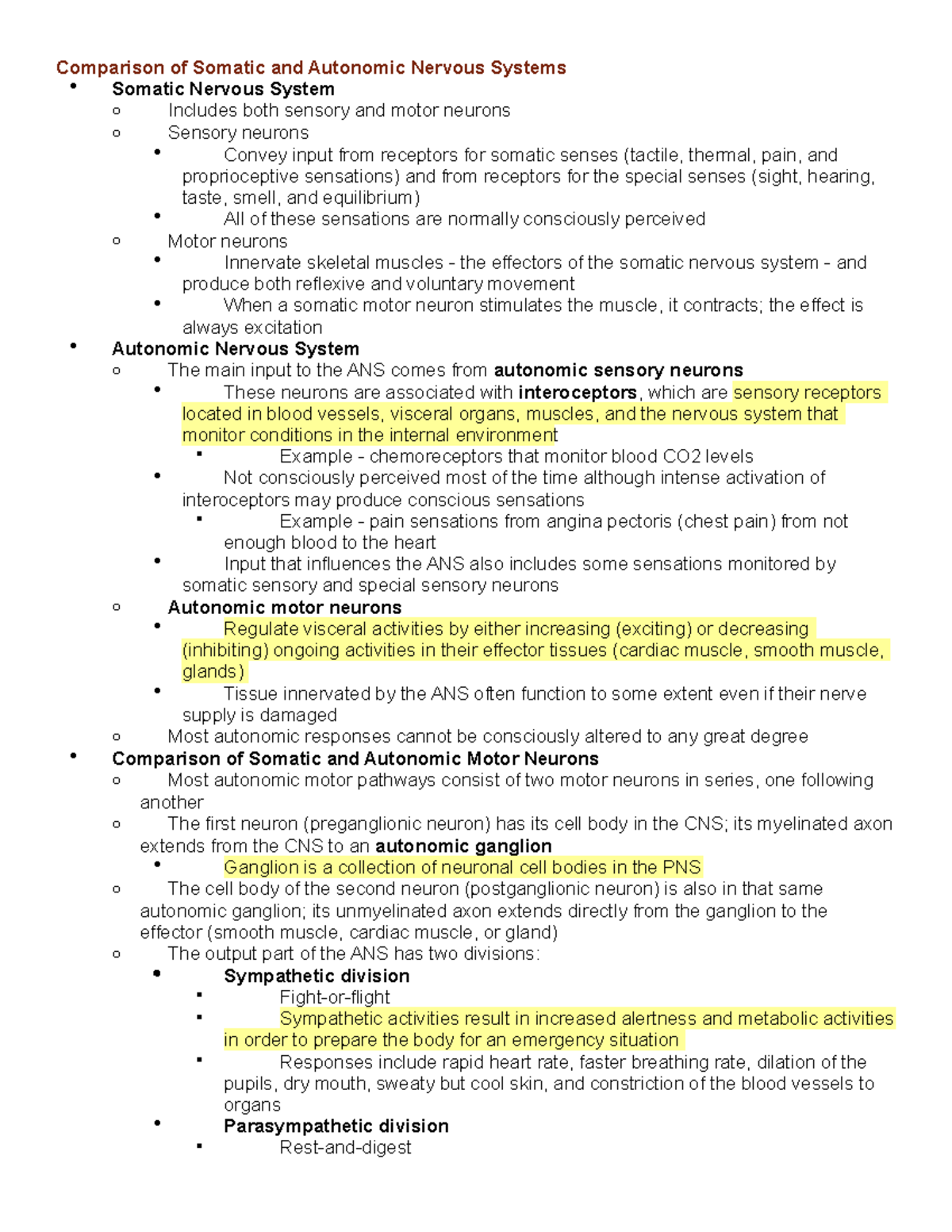 Chapter 15 Notes - Comparison of Somatic and Autonomic Nervous Systems ...