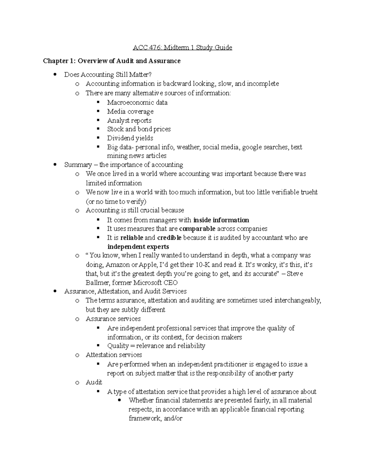 Midterm 1 Study Guide - Lecture notes chapter 1-4 - ACC 476: Midterm 1 ...