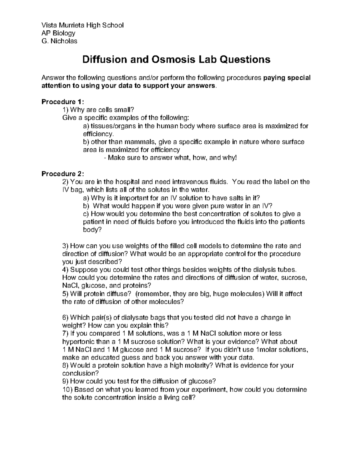 Diffusion Osmosis Lab Lab questions that may be asked Vista