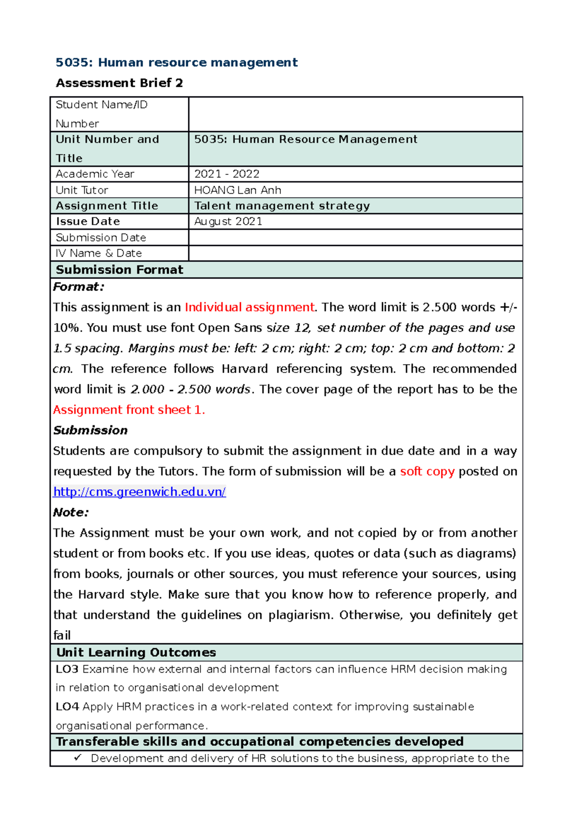 5035. Assignment brief 2 (Ver - 5035: Human resource management ...