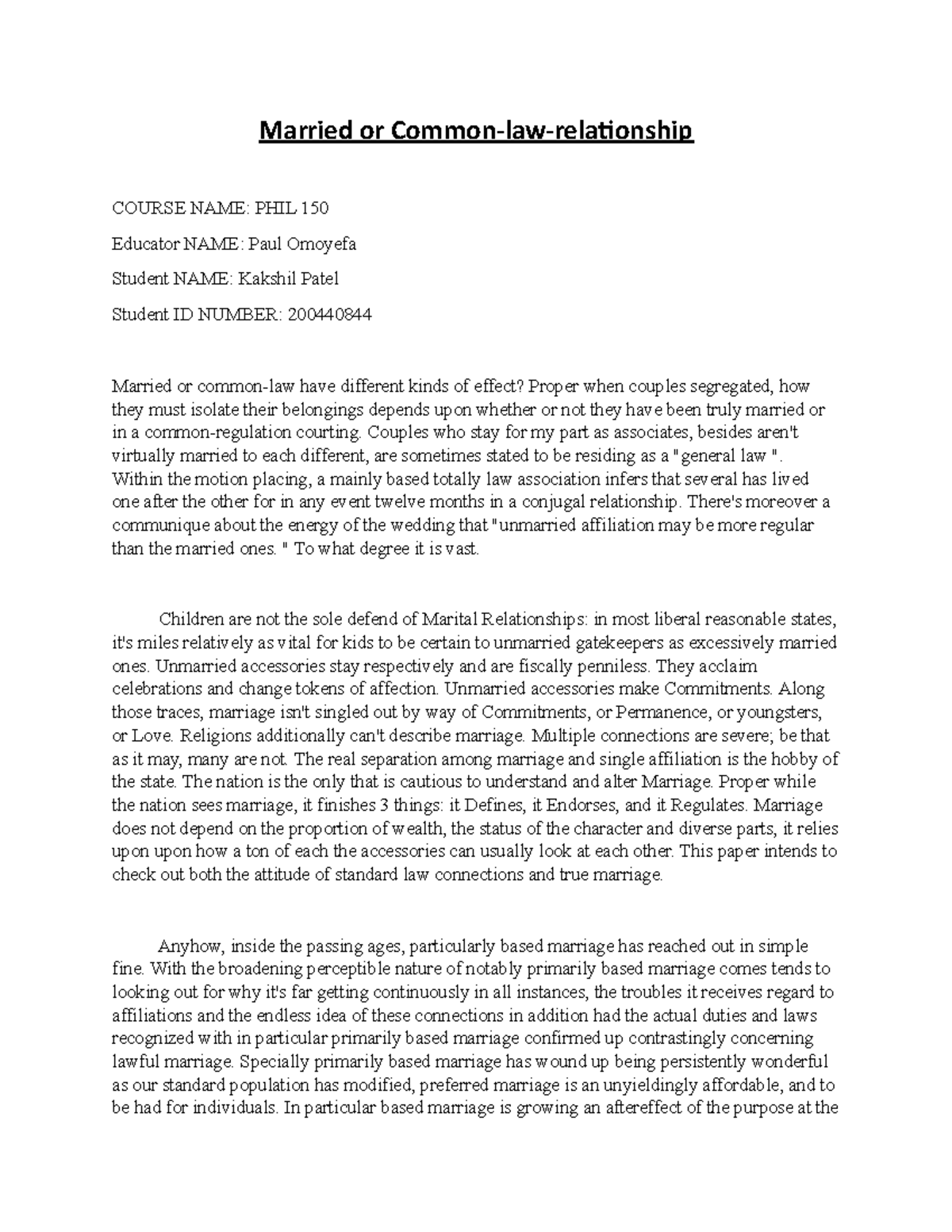 PHIL 150 Major assignment - Married or Common-law-relationship COURSE ...