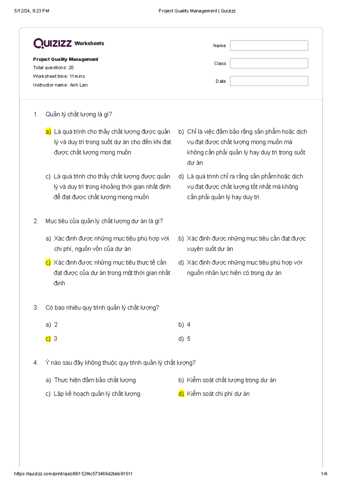 Project Quality Management Quizizz - Worksheets Project Quality ...