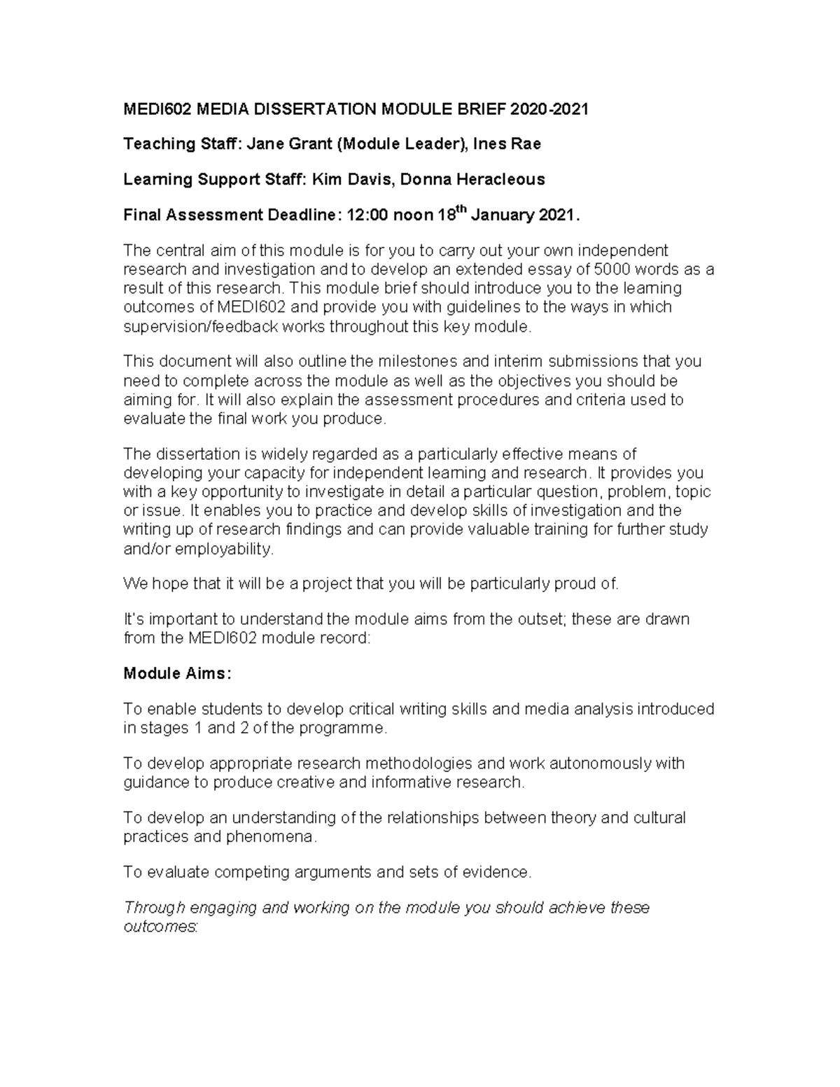 MEDI602 Media Dissertation Module Brief 2020 - MEDI602 MEDIA ...