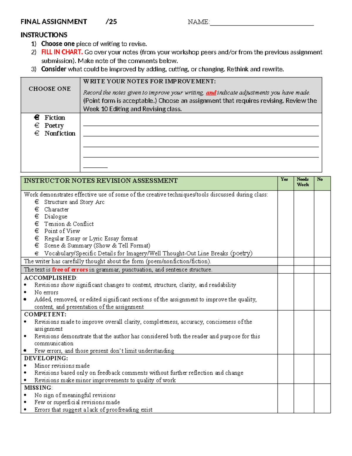 Assignment 5 Revision Rubric - FINAL ASSIGNMENT /25 NAME ...