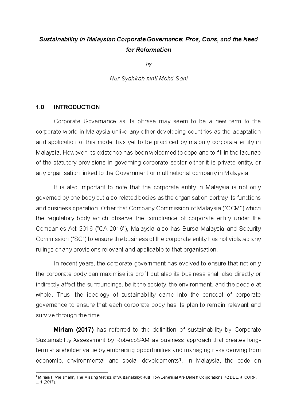 Assignment 2 - Corporate Governance and Sustainability and Reformation ...