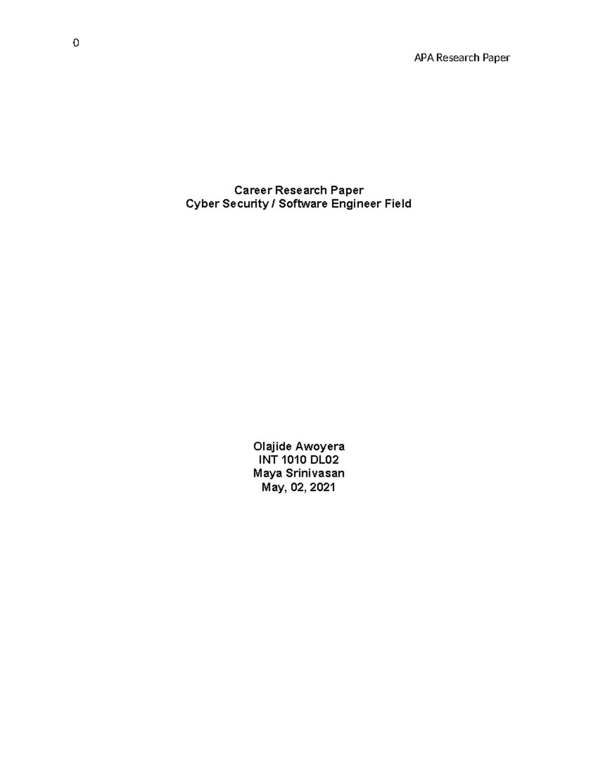 Assignment 4 MS Word 2019 - APA Research Paper Career Research Paper ...