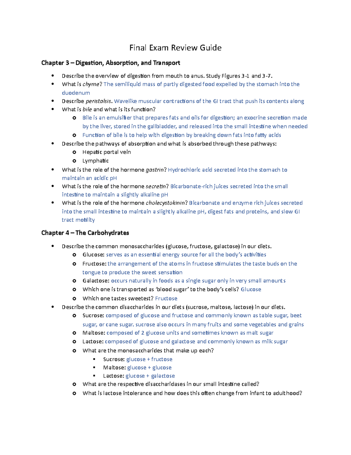 Review Guide for class - Final Exam Review Guide Chapter 3 – Digestion ...