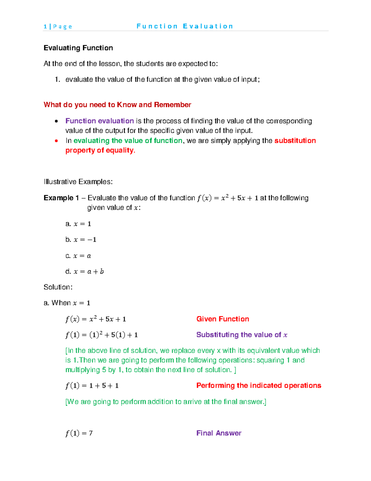Notes on Function Evaluation - Evaluating Function At the end of the ...