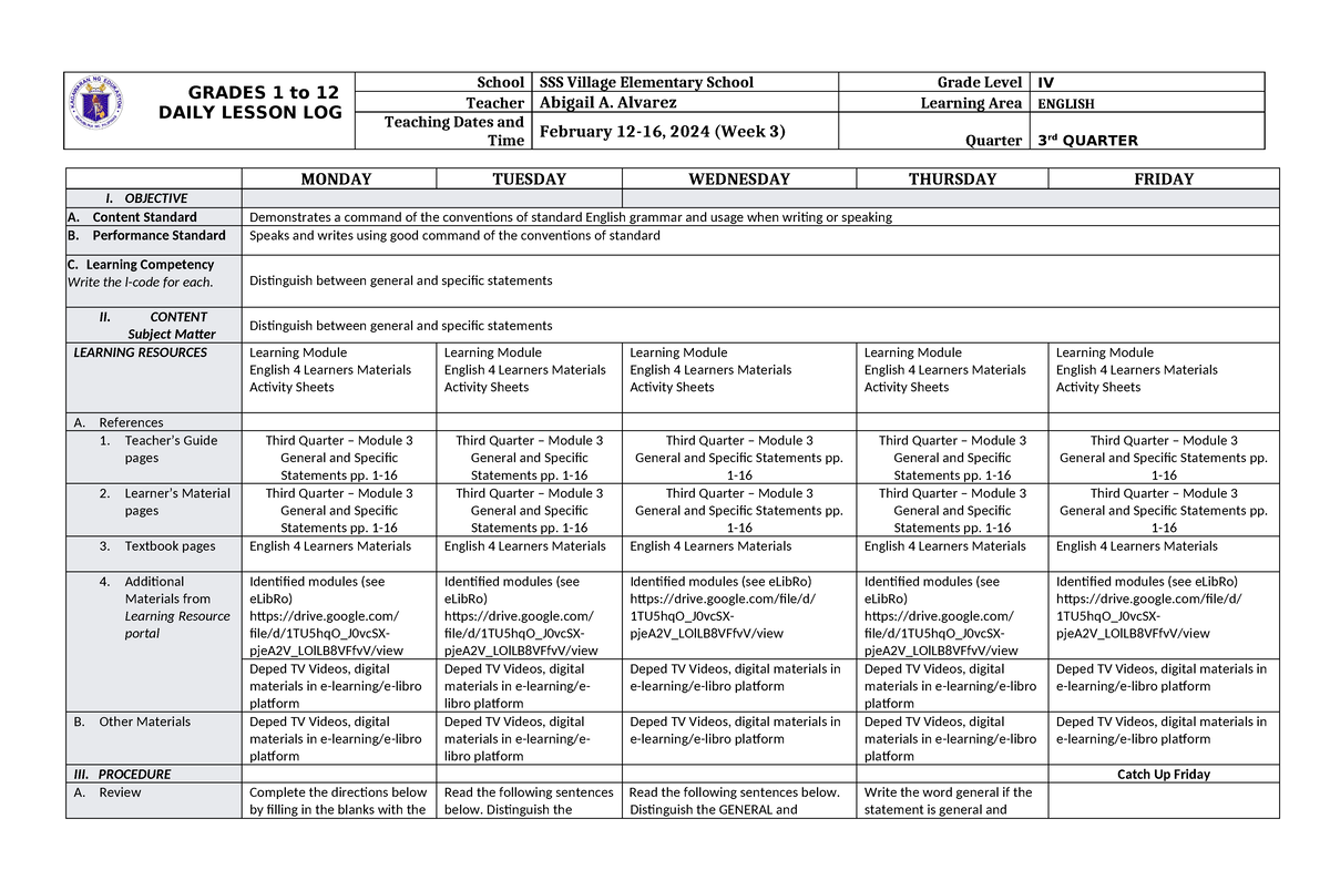 DLL English 4- Q3 W3 Panay-Generaland Specific Statements - GRADES 1 To ...