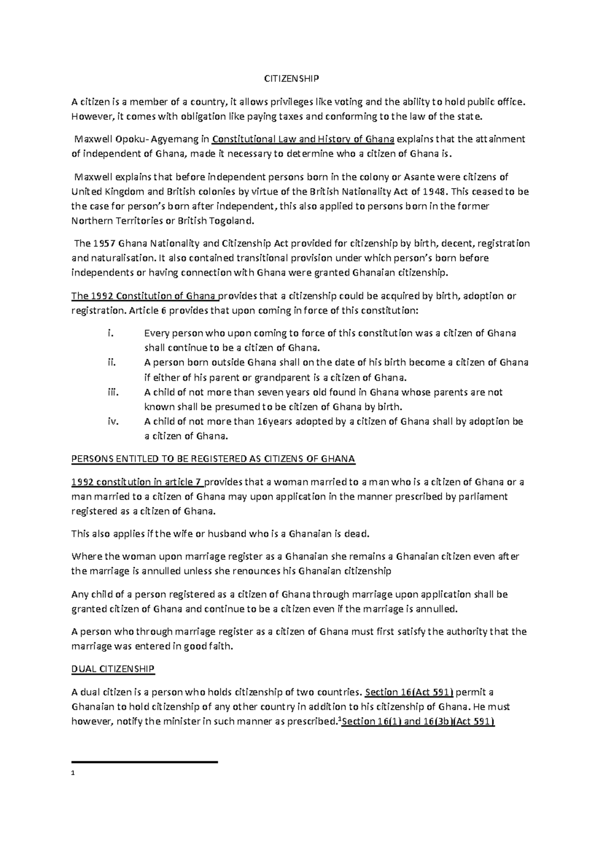 Citizenship Presentation - CITIZENSHIP A citizen is a member of a ...