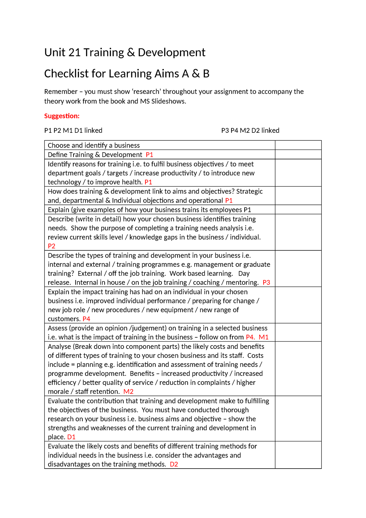 Unit 21 Training Development Checklist - Unit 21 Training & Development ...