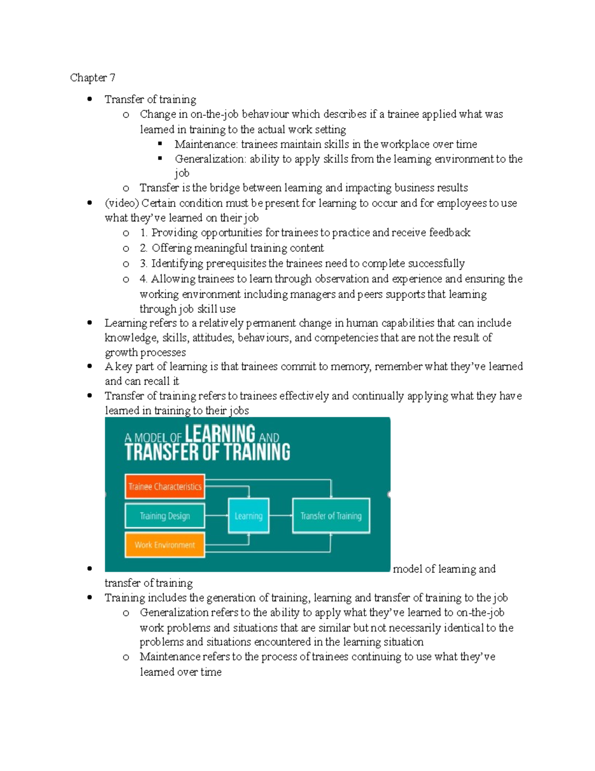 Chapter 7 Notes - Chapter 7 Transfer Of Training O Change In On-the-job ...