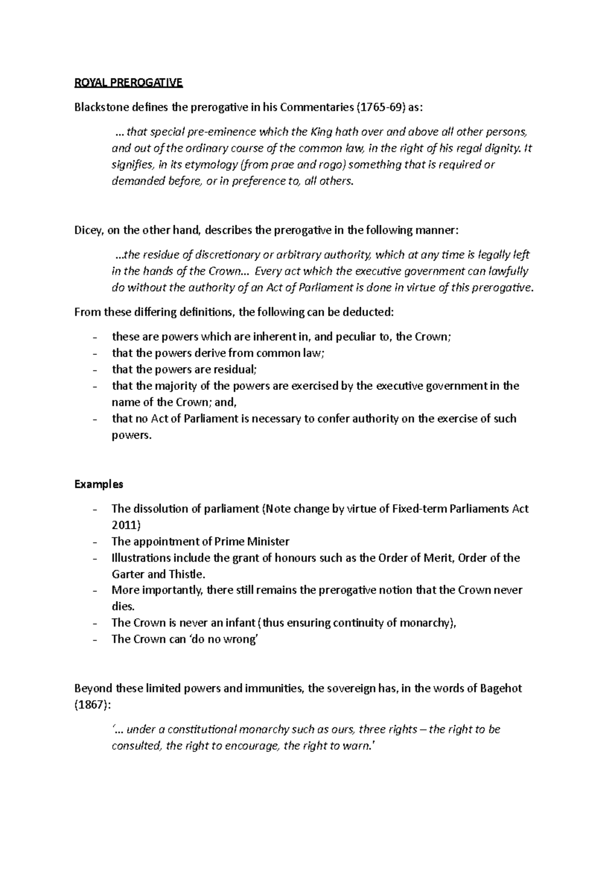 Royal Prerogative ROYAL PREROGATIVE Blackstone defines the