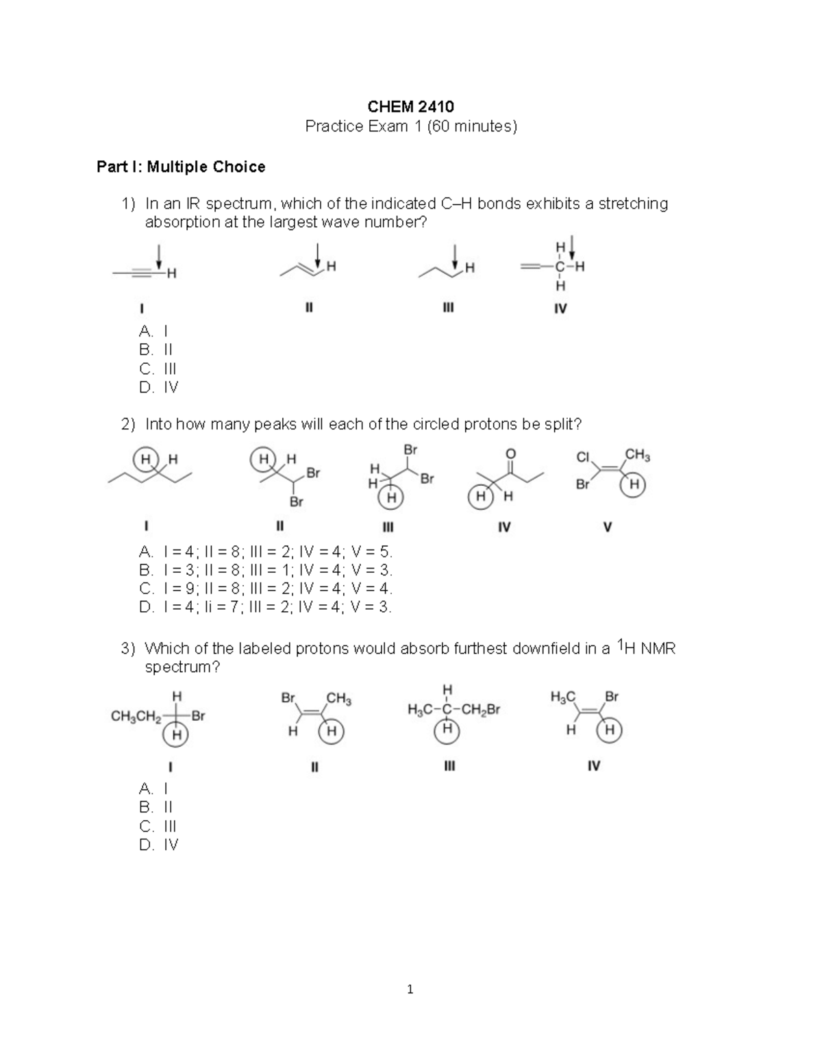 CHEM2410 Practice Exam 1 - CHEM 2410 Practice Exam 1 (60 Minutes) Part ...