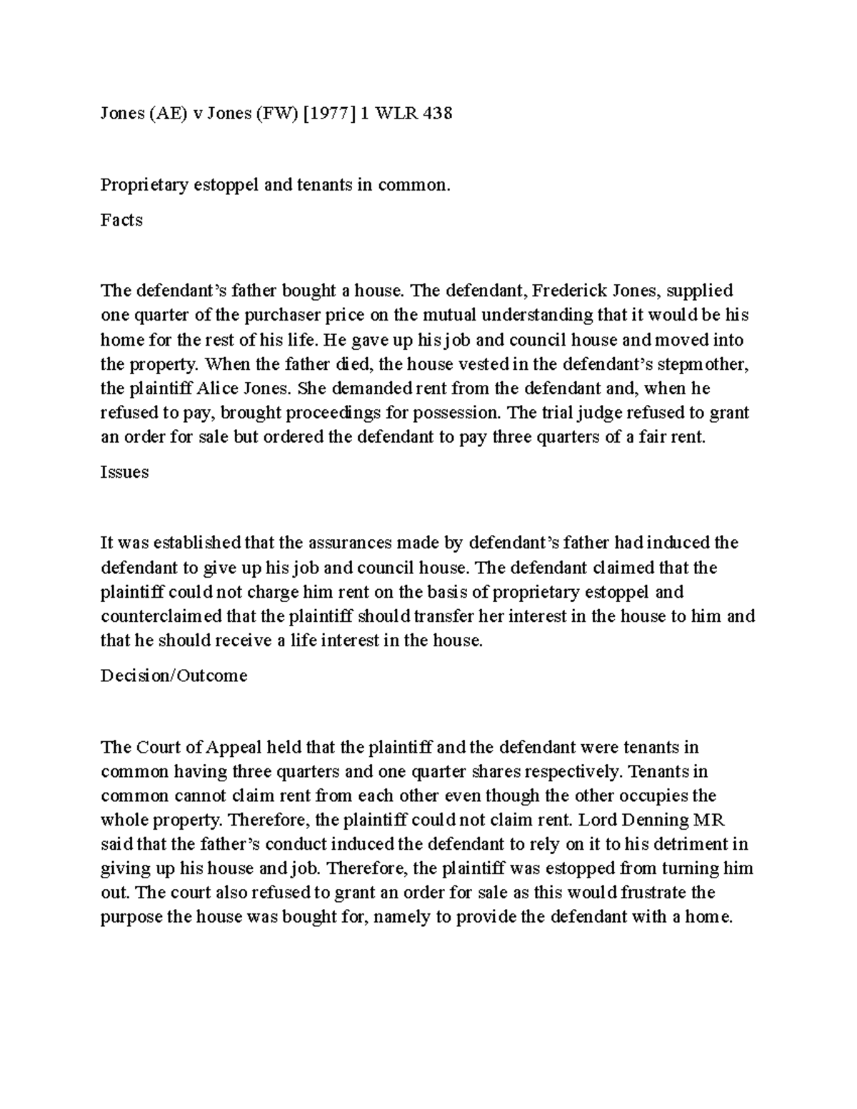 Jones v Jones student Jones (AE) v Jones (FW) [1977] 1 WLR 438