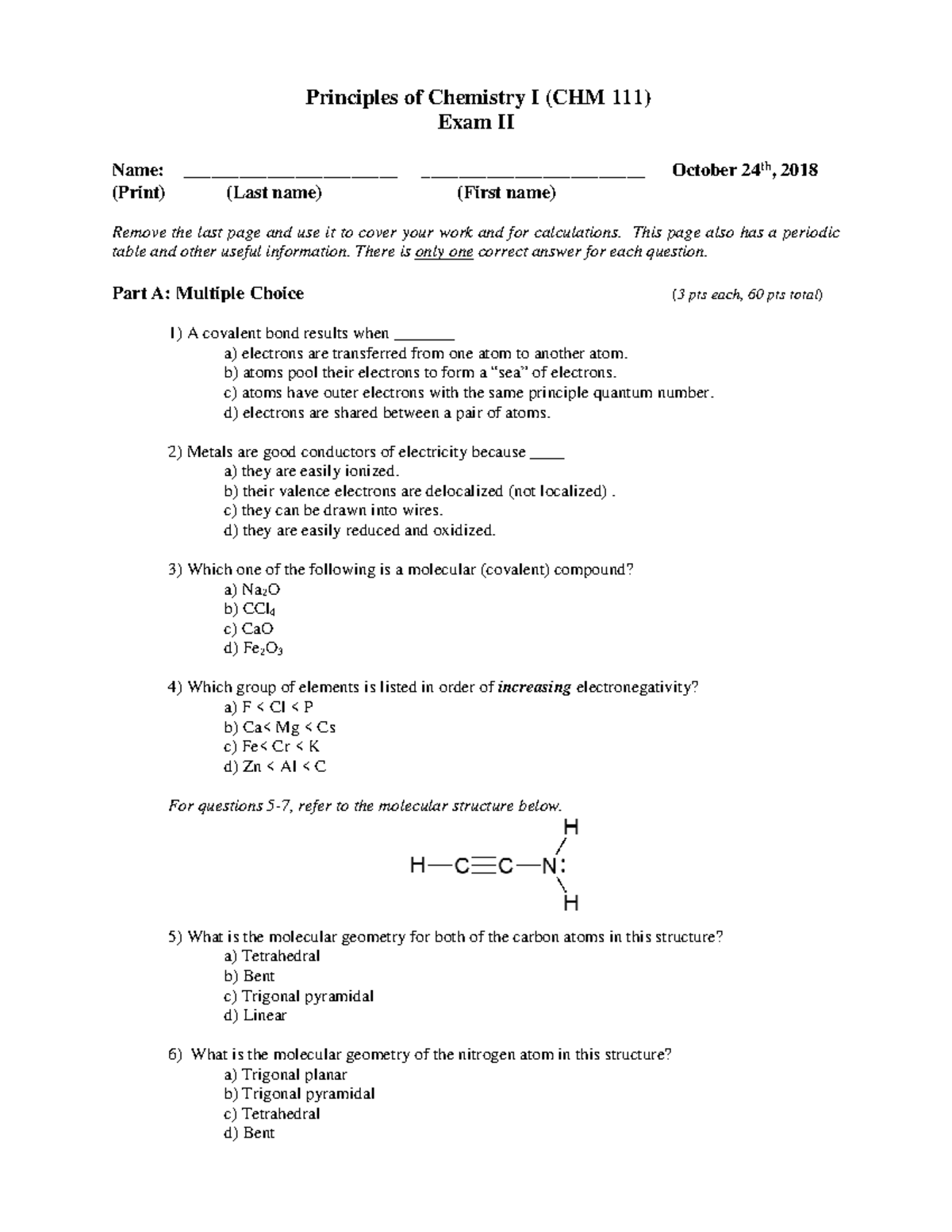 Exam 2 2018 - Exam 2 2018 - Principles of Chemistry I (CHM 111) Exam II ...