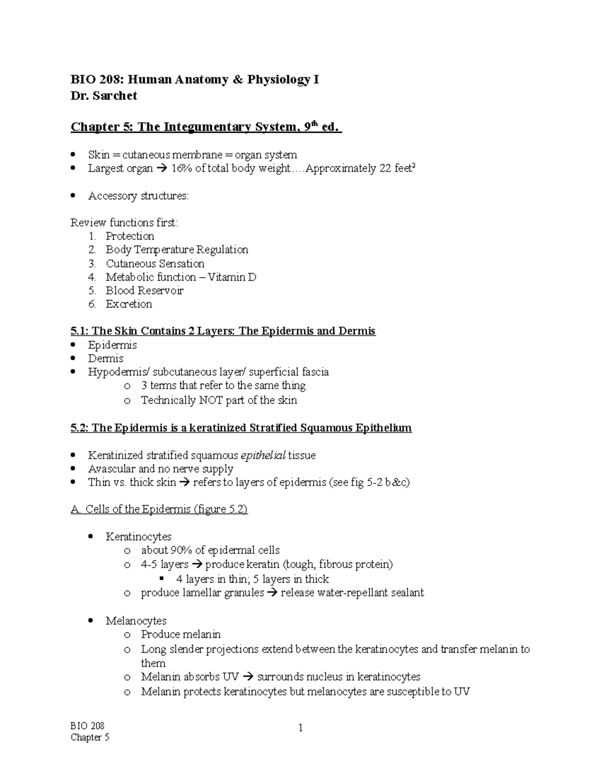 Chapter 5 Outline Marieb 11th - BIO 208: Human Anatomy & Physiology I ...