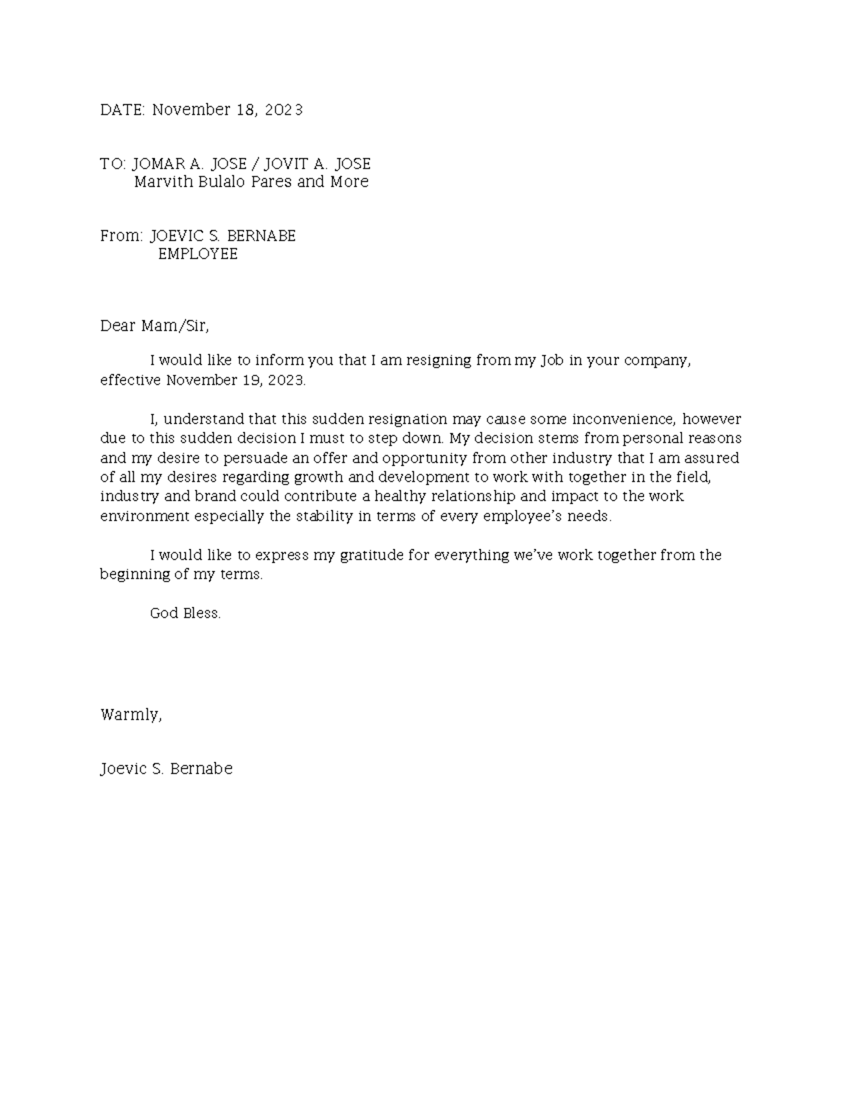 Resignation letter-1 - cxdcxdxdc dvzsdg - DATE: November 18, 2023 TO ...