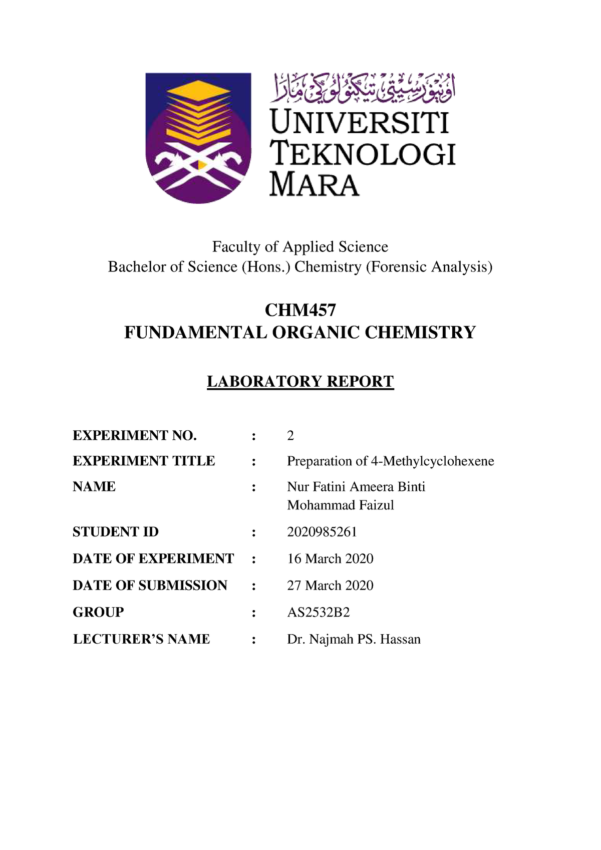 Lab report chemistry - Faculty of Applied Science Bachelor of Science ...