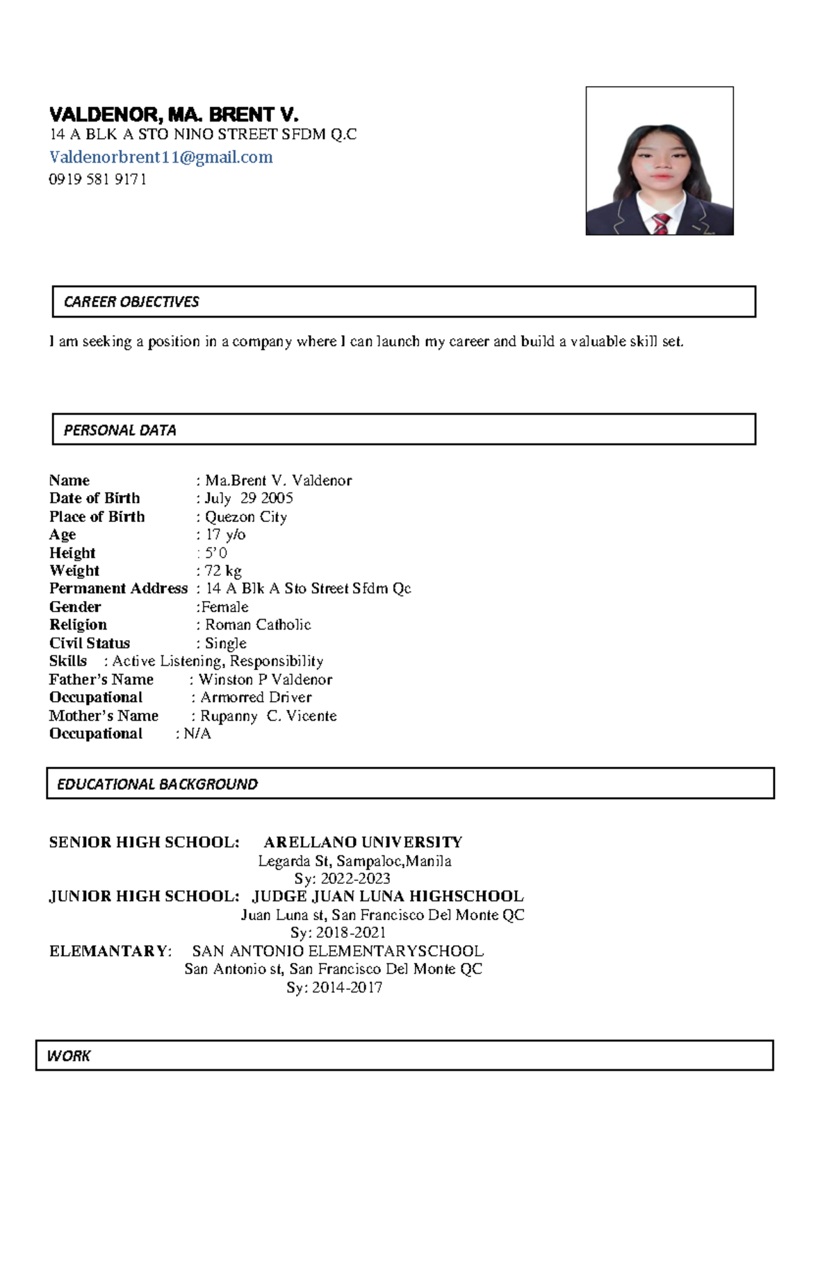 Resume- Format copy - ersdxvb bvcgmytf - VALDENOR, MA. BRENT V. 14 A ...