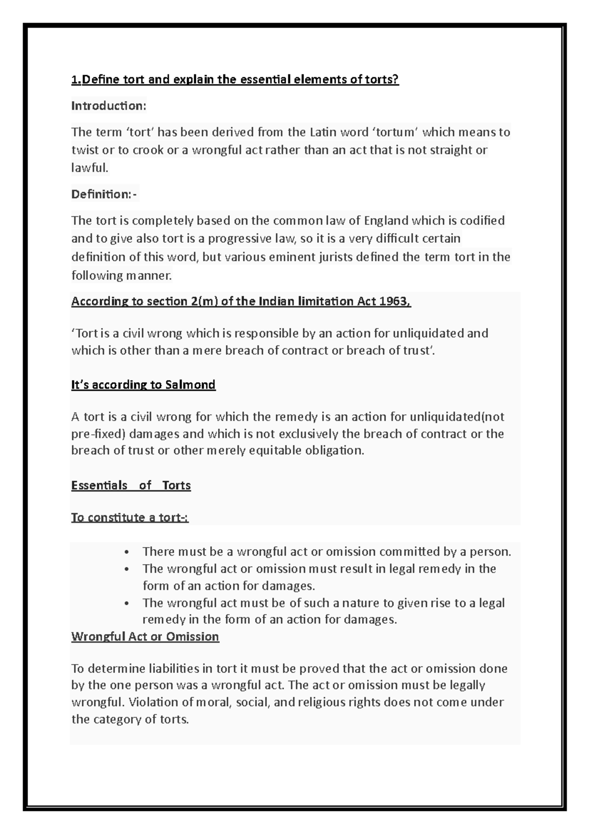 Torts 1 - Study guide with question answer about Indian penal code. - 1 ...