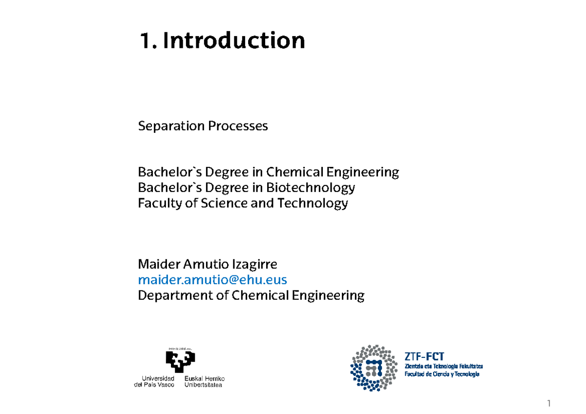 Topic 1, Introduction - Apuntes 1 - Separation Processes 1 ...
