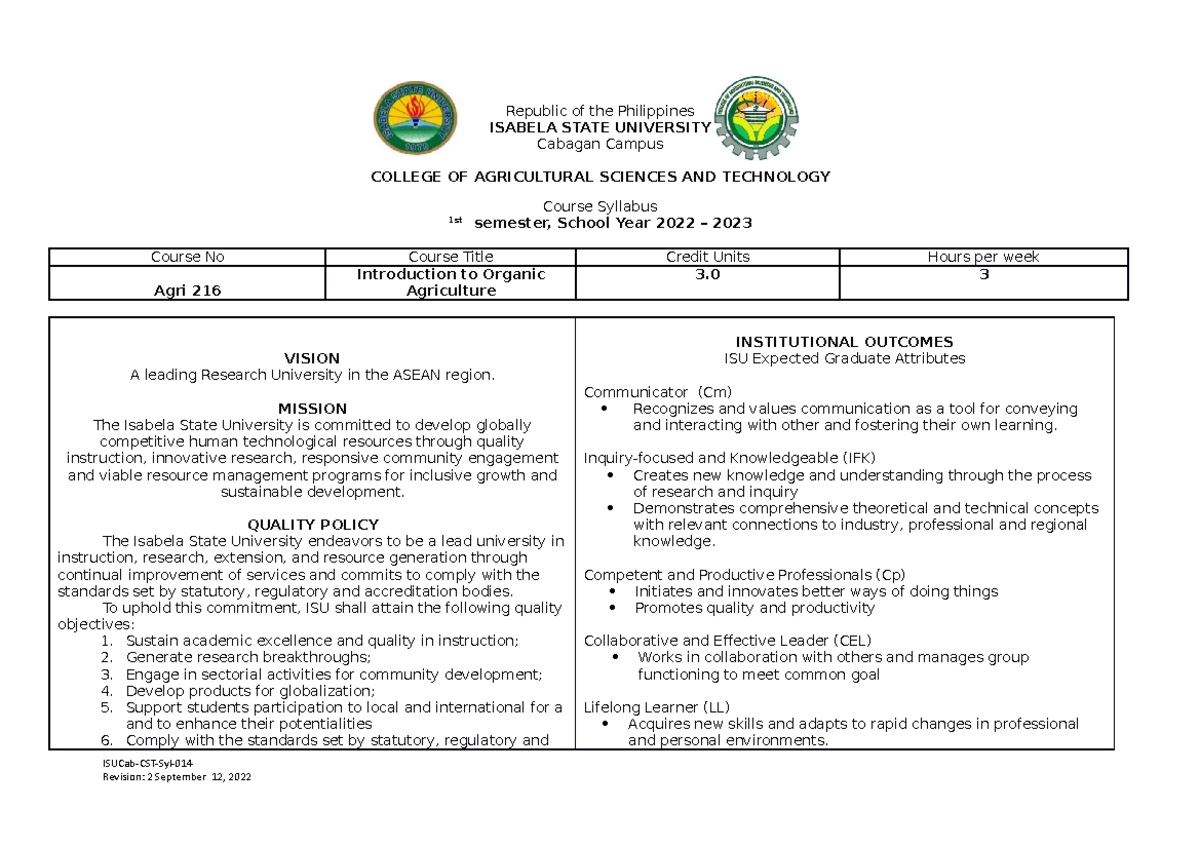 Edited Syllabus Agri 216 Printed - Republic Of The Philippines Isabela 