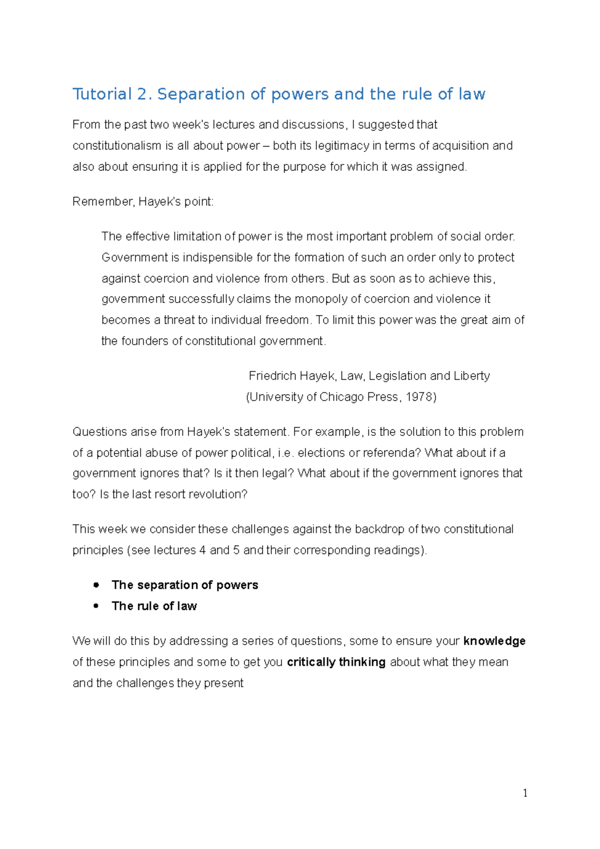 Tutorial 2 - constitutional sources - Tutorial 2. Separation of powers ...