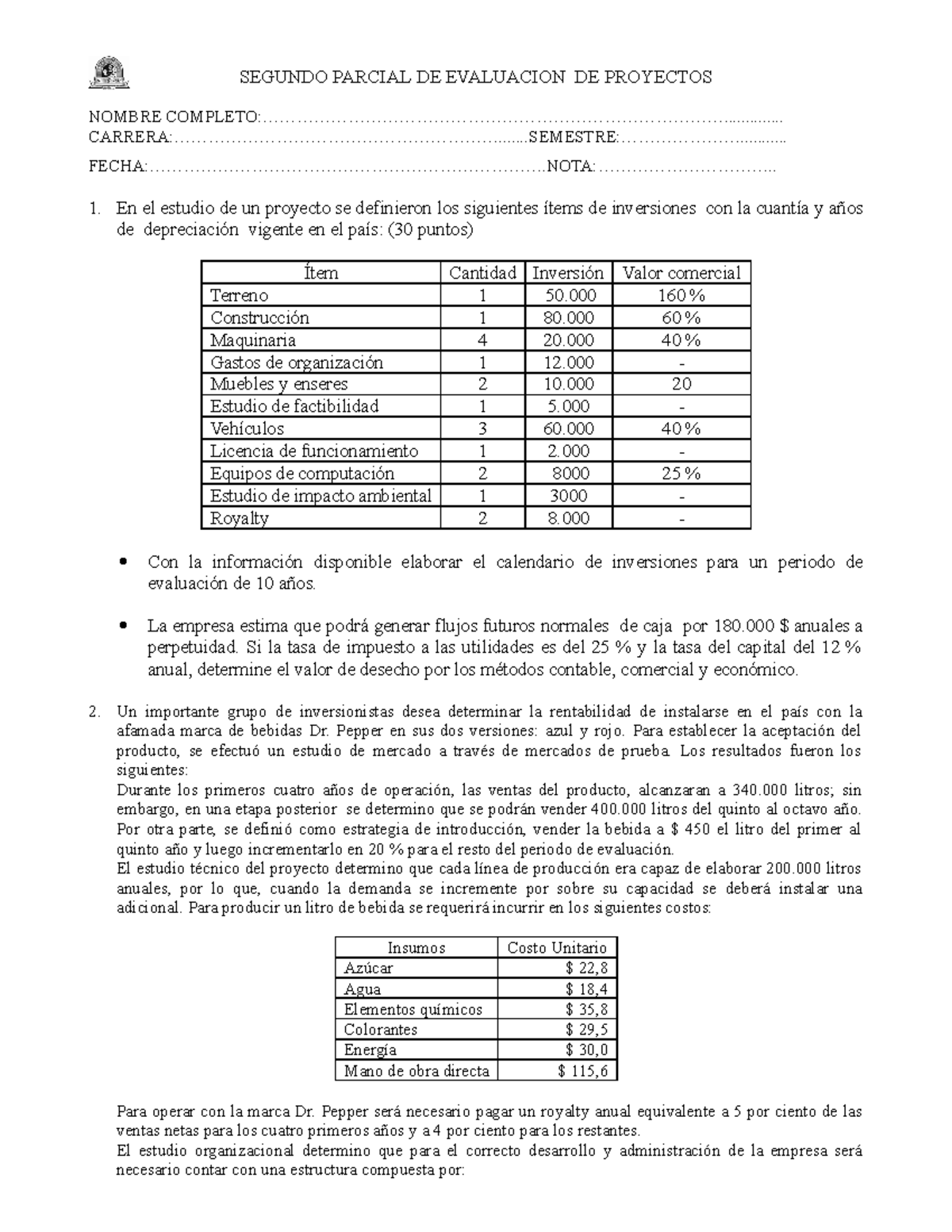 2º Parcial - Resumen - SEGUNDO PARCIAL DE EVALUACION DE PROYECTOS ...