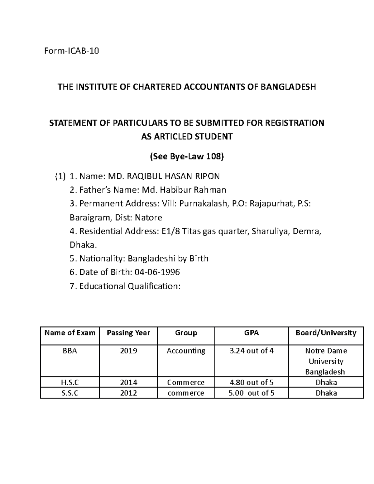 THE Institute OF Chartered Accountants OF Bangladesh FormICAB THE