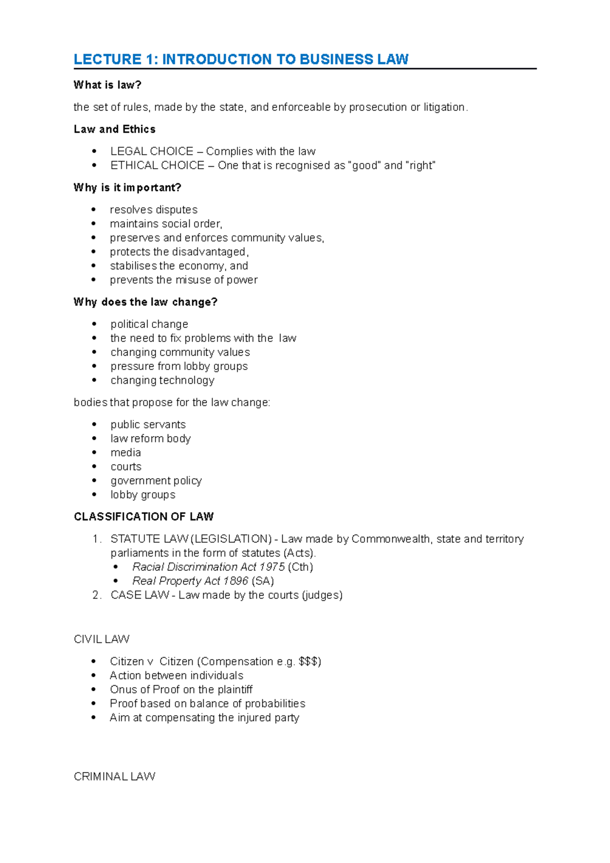 Lecture Week 1 - LECTURE 1: INTRODUCTION TO BUSINESS LAW What Is Law ...