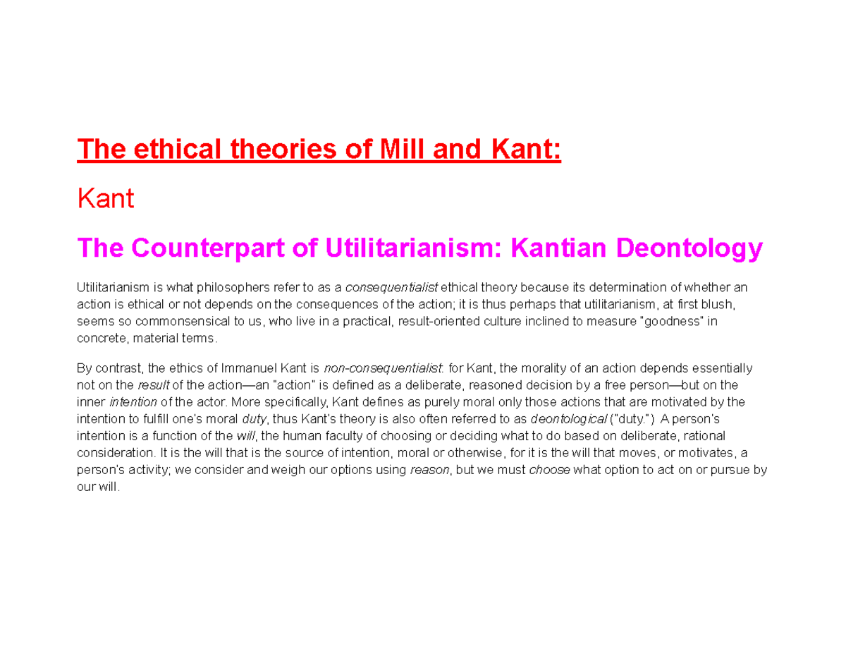 Health Care Ethics Notes The ethical theories of Mill and Kant Kant