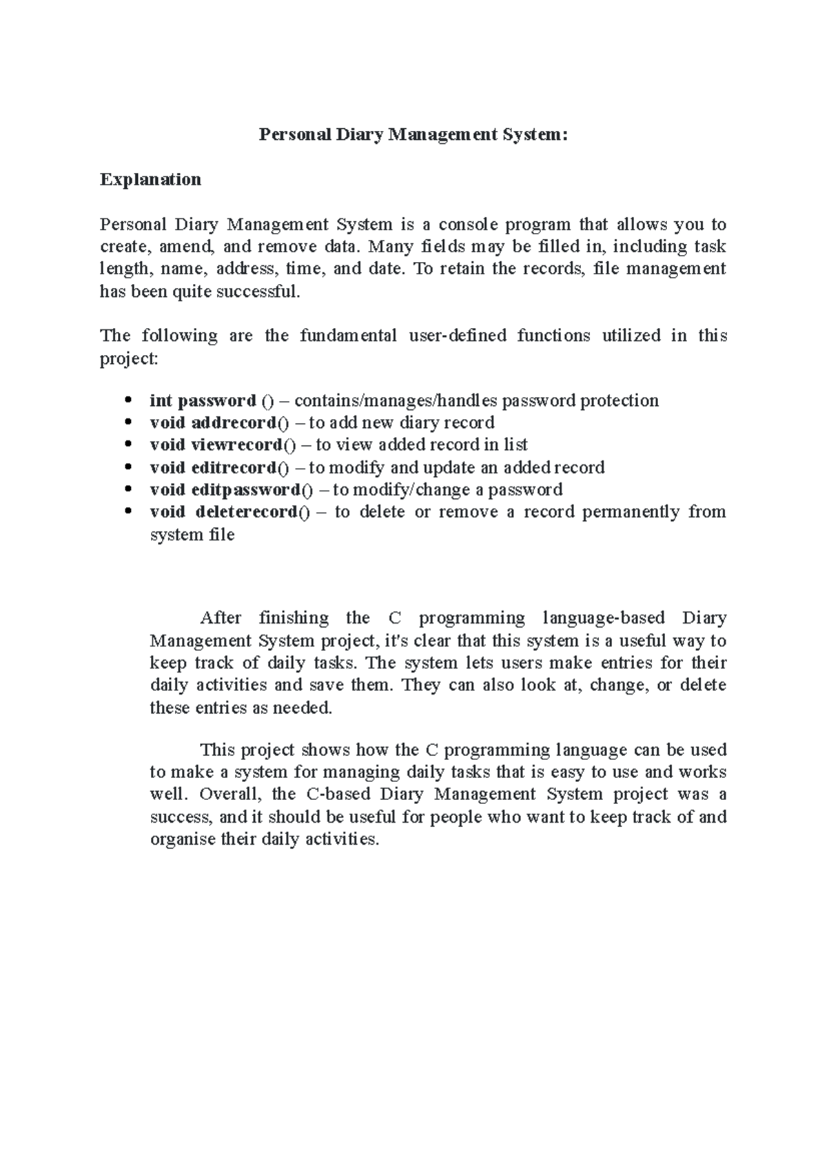 Sample Projects - Personal Diary Management System: Explanation ...