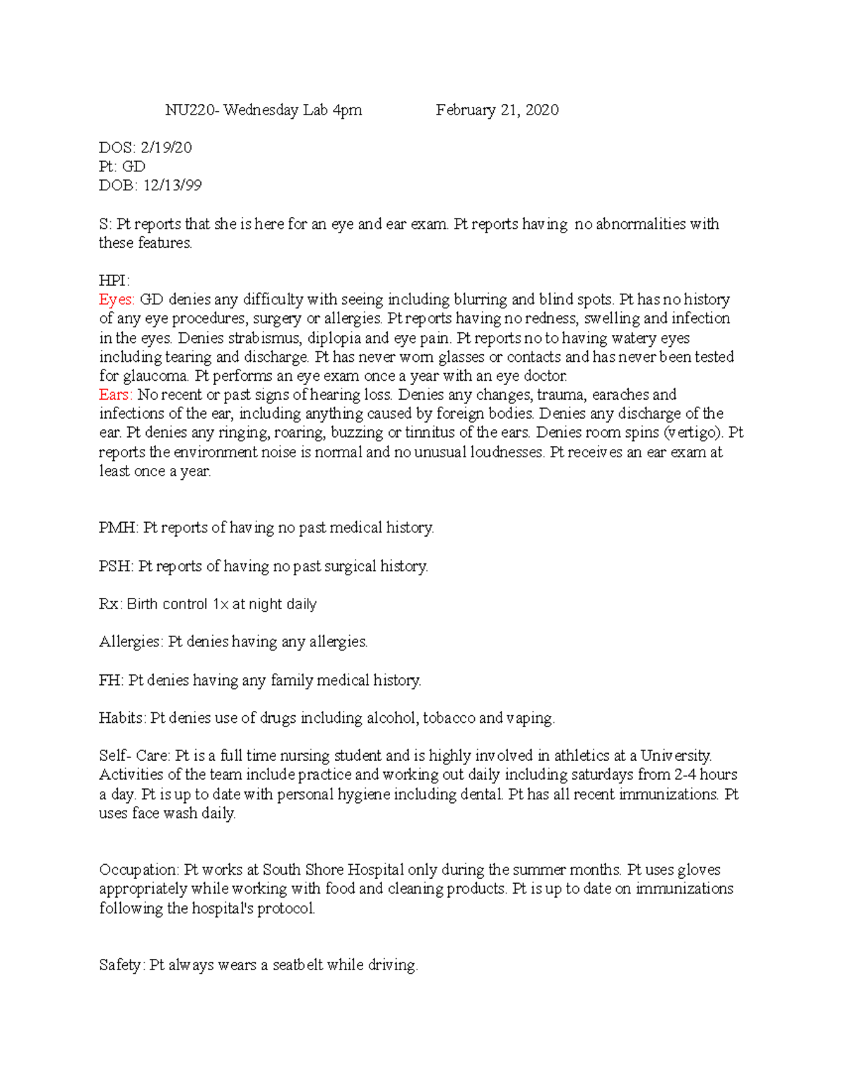 Eye Ear Exam University of Massachusetts Boston NU220 Wednesday Lab 4pm February 21, 2020