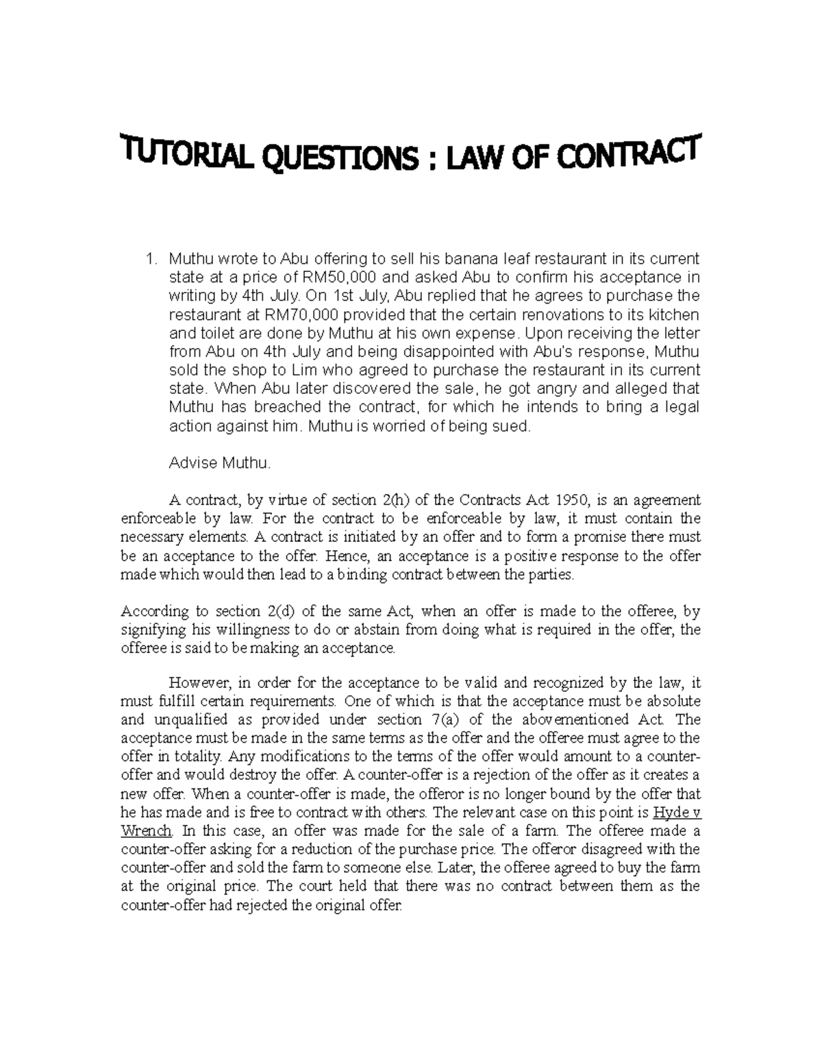 Tutorial Q-law of contract-acceptance, consideration, capacity and ...