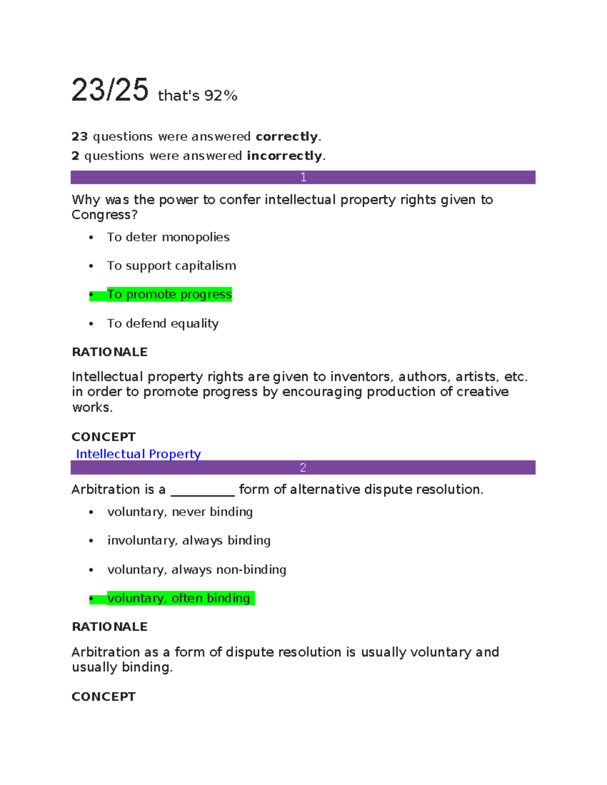 BUS 206 Business Law I Final Milestone Sophia 92% - 23/25 That's 92% ...