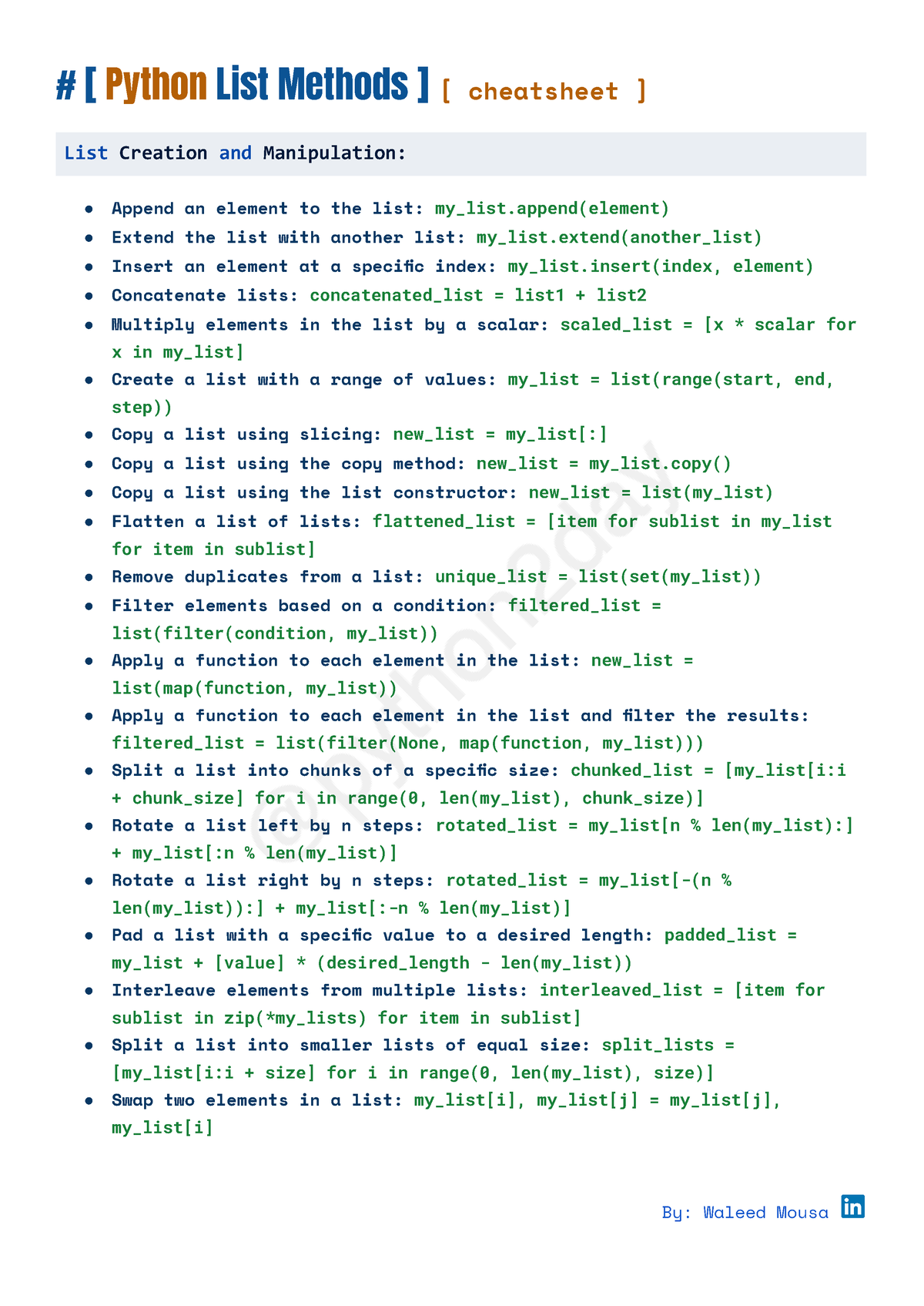 Python List Methods cheatsheet - # [ Python List Methods ] [ cheatsheet ]  List Creation and - Studocu