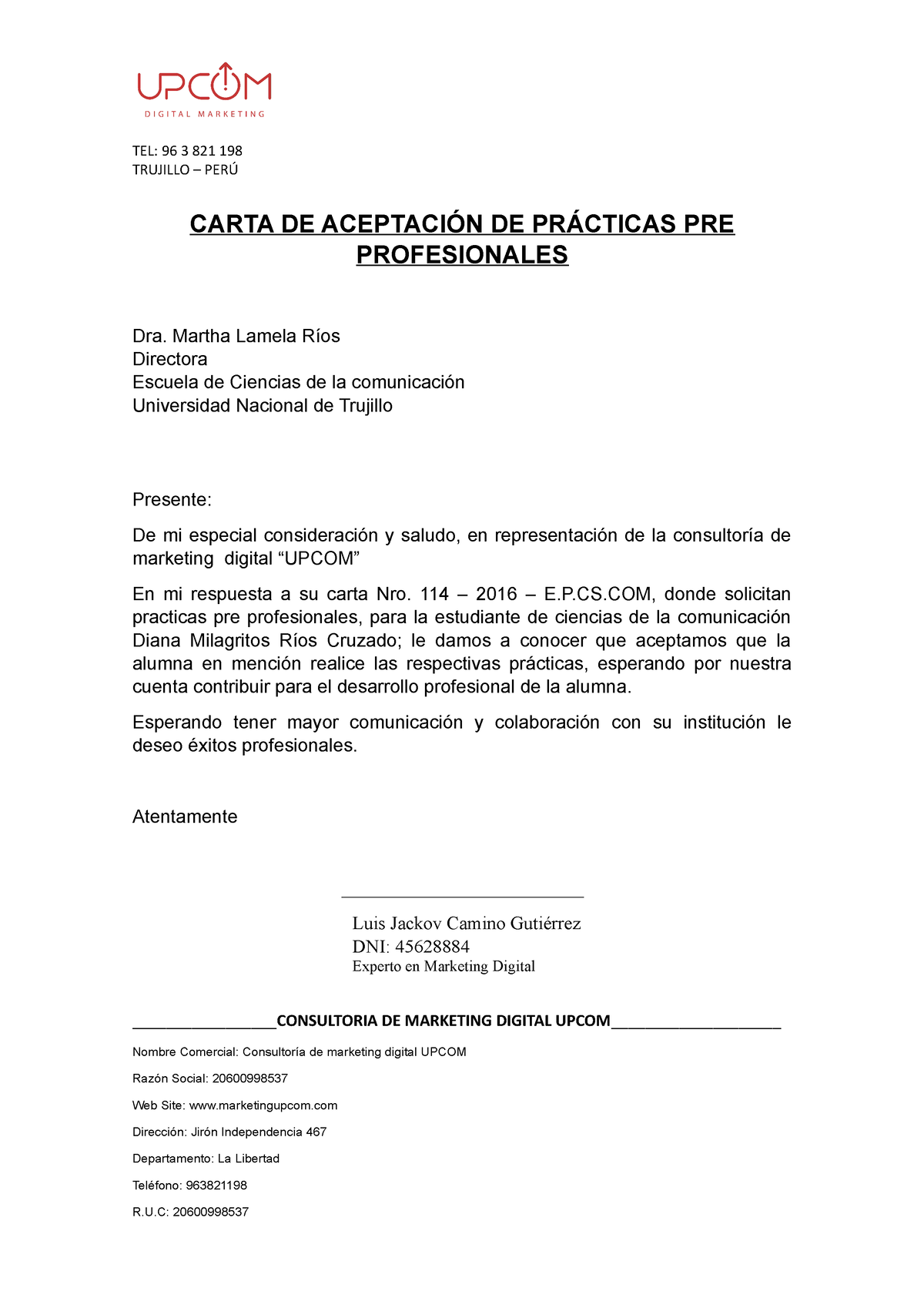 Carta De Aceptacion De Practicas Tel 96 3 821 198 Trujillo PerÚ Carta De AceptaciÓn De 3835