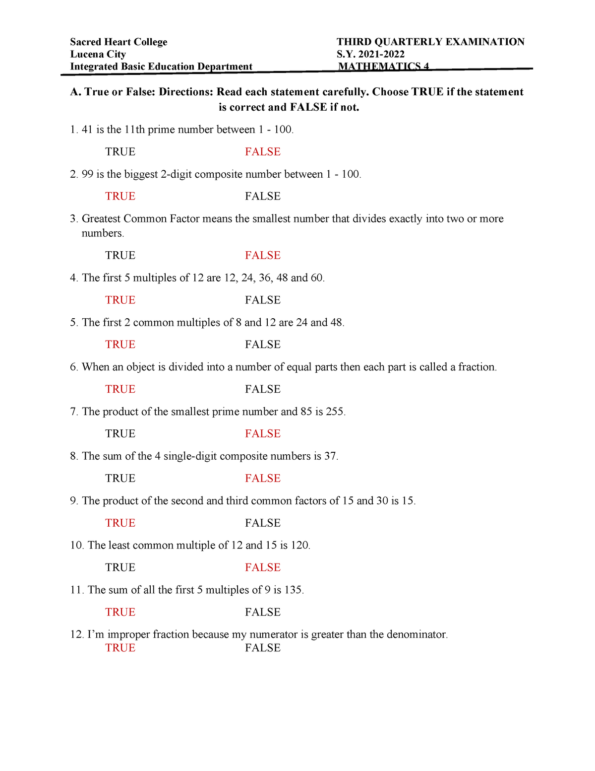 Math 4 - Test Questions 3Q - Sacred Heart College THIRD QUARTERLY ...